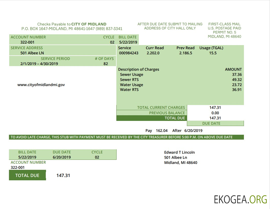 USA Michigan water utility bill template in Word and PDF (.doc and .pdf) format